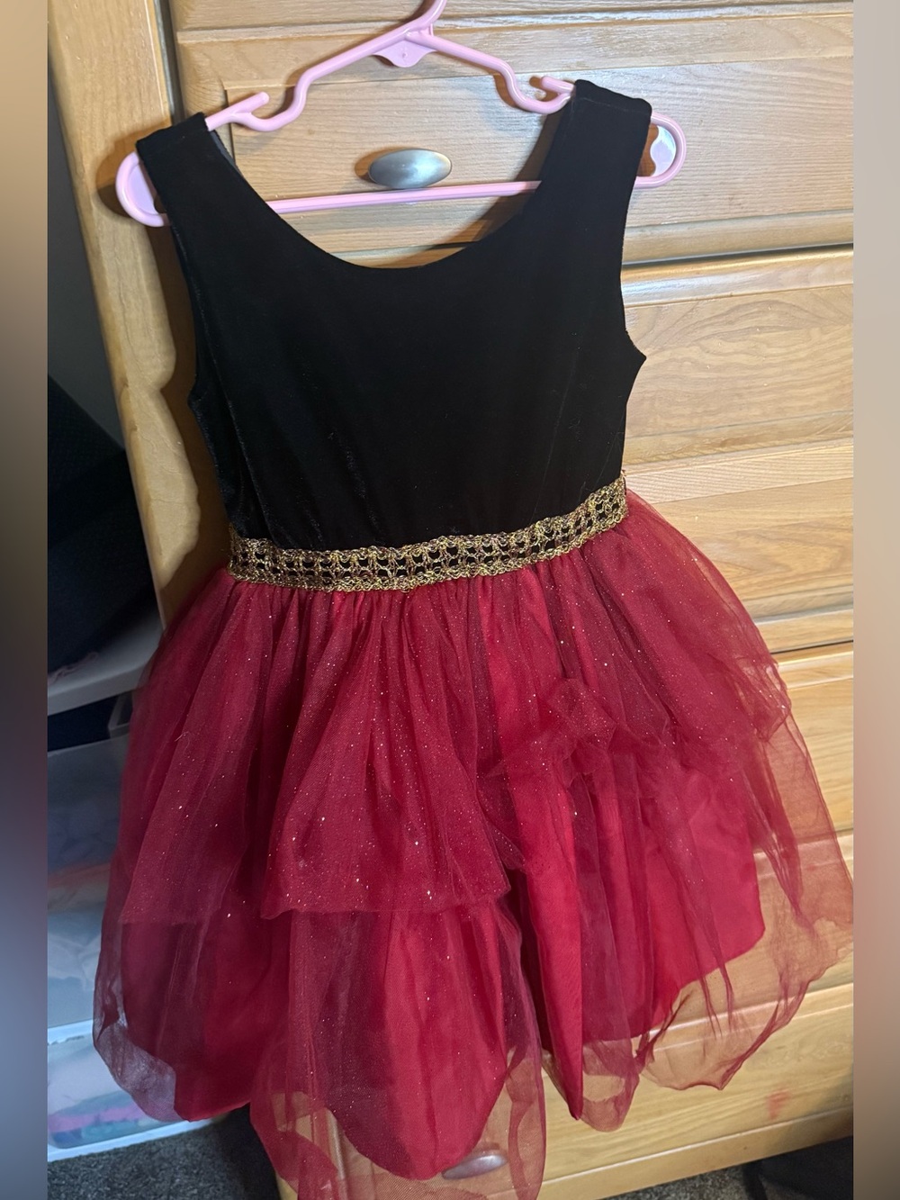 Velvet Black & Red Tulle Party Dress with Gold Waistband